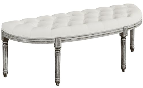 HOMCOM Half-Circle End Bench Ottoman Footstool Tufting Padded Seat Brushed Wood Base Antique Accents Home Seat Furniture Cream White and Light Wood Grain Leg