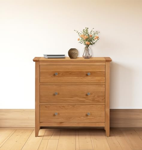 Hallowood Furniture Hereford Oak Chest of Drawers, 3 Wooden Chest Drawers | Small Solid Light Oak Dresser for Bedroom, Living Room & Hallway, Fully Assembled Bedroom Furniture, Strong Dovetail Joints