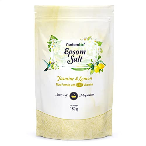 Nortembio Sali di Epsom 100% Fragranza Gelsomino e Limone 180 g – Fonte Naturale di Magnesio | Con Vitamina C ed E Idratante | Per Bagni Rilassanti, Spa e Cura della Pelle + eBook Gratuito