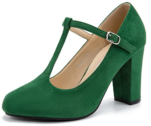 Women's T-Strap Mary Jane Pumps, Chunky Heel, Vintage Style, 3.54 Inch Round Toe Dress Shoes, Suede Green, 7 UK