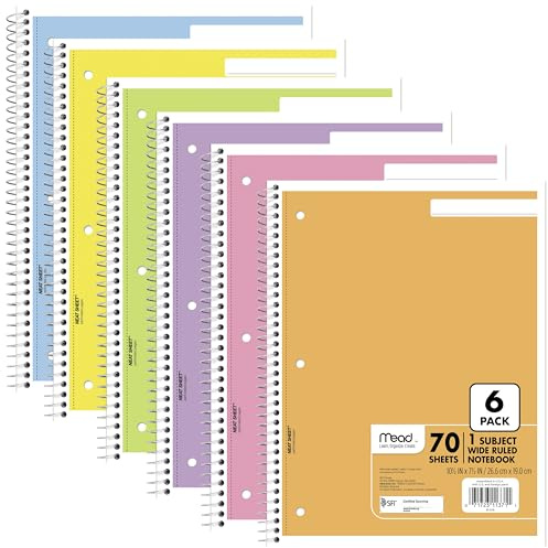 Mead Spiral Notebook, 6 Pack, 1 Subject, Wide Ruled Paper, 7-1/2 x 10-1/2, 70 Sheets per Notebook, Assorted Pastel Colors (930050-ECM)