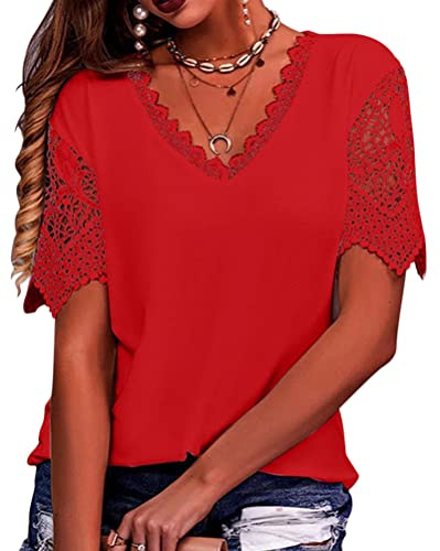 Onsoyours Chemisier Femme Sexy Chic Hauts À Manches Courtes Dentelle Ample Tunique Blouse Elégante Mode Col V Shirt Tops Imprimé D'été Vintage Basique Pull Top