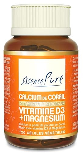 Calcium Vitamine D Essence Pure | Calcium de Corail Marin (1000 mg) + Vitamine D3 (400 UI) + Citrate de Magnésium (400 mg) | Os et Articulations Solides | 120 Gélules 2 Mois | Api-Nature