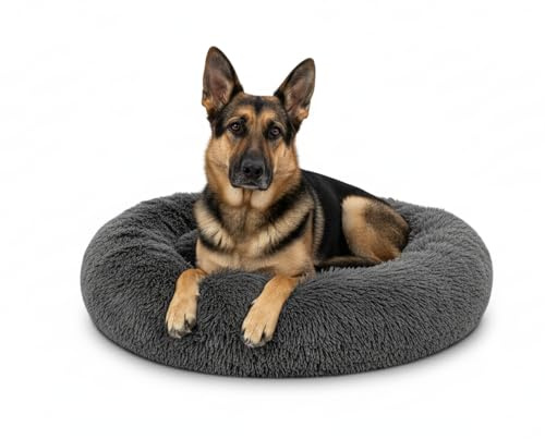 The Dog’s Bed Calming Donut Dog Bed, Plush Faux Fur Round Cuddler Nest – Removable Washable Zip Cover, Large Beds - 91cm Diameter, Dark Grey Fur