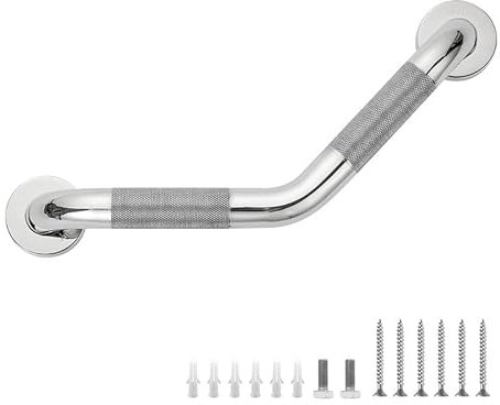 Grab Bars for Bathtubs and Showers- 1-1/4 x 16 Angled Shower Grab Bar for Seniors Knurled Stainless Steel Handicap Grab Bars for Wall, 15 Hole Center (Polished Nickel, 1 Pack)