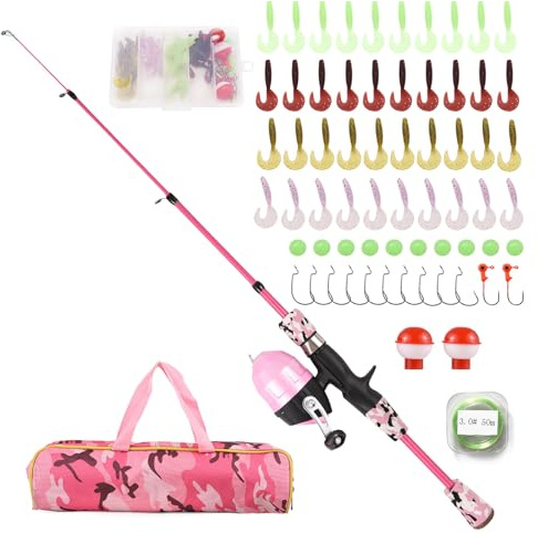 SOUUXIU Canna da Pesca per Bambini, Canna da Pesca telescopica e Kit Combinato Mulinello con Esche da Pesca, lenze, ami da Pesca