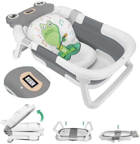 Groß Faltbare Babywanne mit Badematte, Baby Badewanne Faltbar mit Duschkopfanschluss & Integriertem Thermometer, Ergonomisch, Platz Sparen,Tragbare Badewanne Baby für Babys von 0-36 Monaten(Frosch）