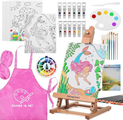 COOZEE Easel Set, 44-teiliges Malset mit Tischstaffelei, Acrylmalerei-Starterset mit 12 Acrylfarben, 12 Buntstiften, Pinseln, Leinwandplatten und Aquarellblock für Einsteiger & Hobbymaler, Rosa