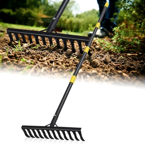 Rake, 186 cm Bow Rake with 12 Tines, Long Handle Heavy Duty Garden Rake for Loosening Soil, Cleaning Leaves, Weeding, Thatch, Garden Tool