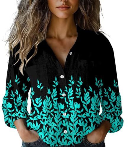 Cihdmfb Chemisier pour femme - Manches longues - Décontracté - Col en V - Revers avec boutons - Manches enroulées - Chemisier dégradé de couleur - Imprimé décontracté - Haut à manches longues -