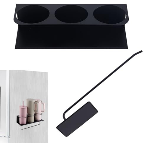 Gosknor Magnetic Cup Holder, Carbon Steel Magnet Tumbler Organizer with Cup Lid Hook 3 Slots Magnetic Mug Storage for Stanley 30/40 oz Water Bottles