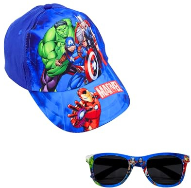 Marvel Avengers Gorra y Gafas de Sol para Niños, Gafas de Sol Protección UV, Gorra de Verano, Gorro de Beisbol Infantil | Azul