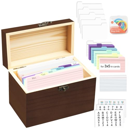 Solid Wood 4x6 Index Card Organizer with 5 Dividers | Rolodex & Recipe Box Storage | Holds 200+ Cards for Home/Kitchen