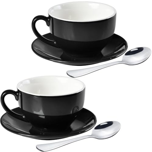 ionEgg Taza de café de porcelana con platillo de 220 ml para capuchino, café con leche y té, negro, juego de 2