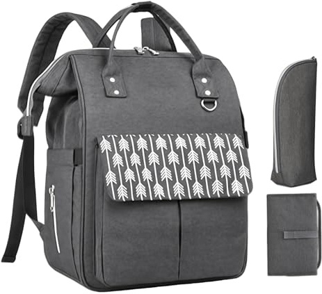 VEGOATY Mochila para pañales grande: mochila para pañales de bebé, con cambiador y bolsa isotérmica, mochila para pañales con correas para cochecito (gris oscuro)