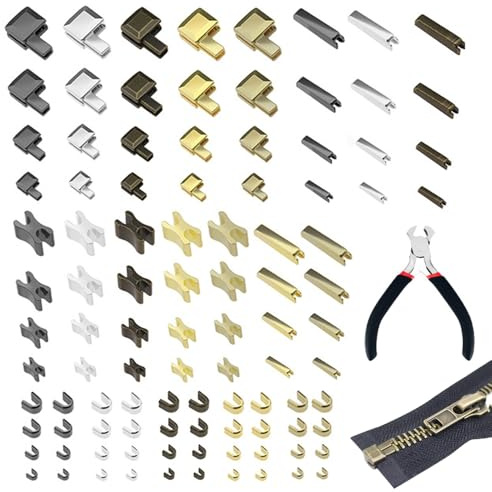 Vunanvu 101 Pz Set di Chiusure Lampo Riparazione Scorrimento della Cerniera di Ricambio 3# 5# 8# 10# Kit Riparazione Cursori per Cerniera Lampo in Metallo con Pinze per Abbigliamento Bagagli e Tende