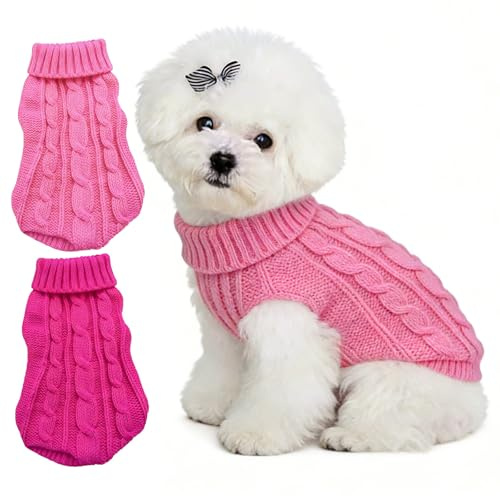 2 Pcs Puppy Jumpers for Small Dogs,Warm Turtleneck Small Dog Jumper,Warm Winter Knitted Sleeveless Chihuahua Clothes,Dog Sweater for Smaller Breeds,Miniature,Christmas(XS, Rose Pink)