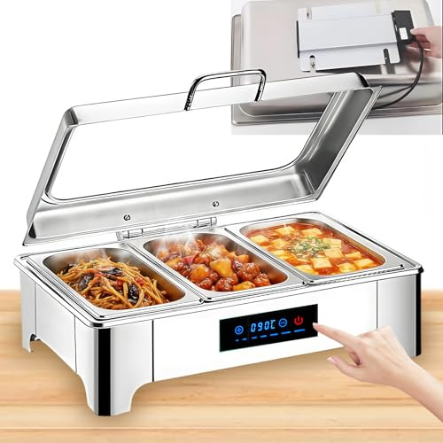 VFDZ Chafing Dish Elettrico, 9L Professionale Scaldavivande Elettrico per Buffet in Acciaio Inox, Contenitore Scalda Cibo con Coperchio in Vetro per Buffet e Hotel, Temperatura Regolabile(1/3 PAN)