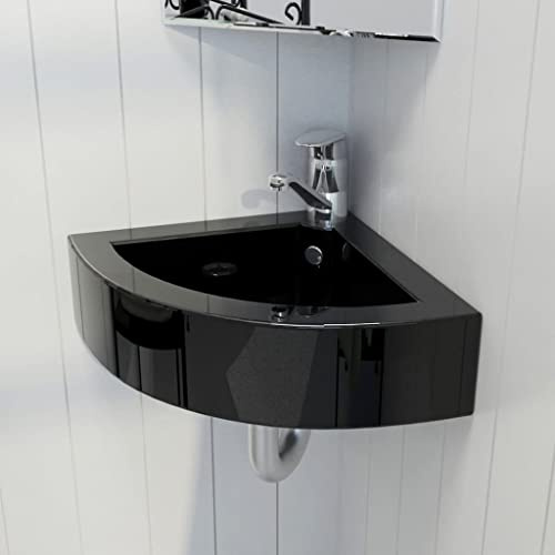 Keramik Eckwaschbecken mit Überlaufschutz 45 x 32 x 12,5 cm Schwarz Hochglanz für Badezimmer Waschraum Schminkraum