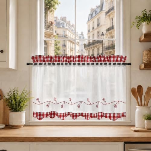 Yujiao Mao Rideau Cuisine Court, Rideaux Brise-Bise Transparent Broderie Rouge HxL 60x90cm pour Intérieur, Salle à Manger, Chambre, Fenêtre