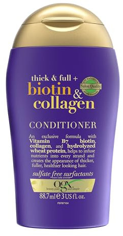 OGX Thick & Full + Biotin & Collagen Balsamo da viaggio volumizzante capelli con Biotina e Collagene, Trattamento capelli fini in pratico formato travel size per viaggi e vacanze da 88.7 ml