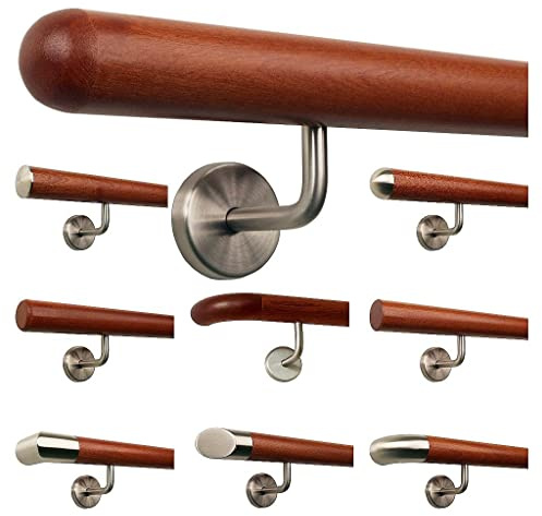 TIBU Mahagoni Holz Geländer Handlauf Treppe Griff gewinkelte Edelstahlhalter, Länge 30-500 cm aus einem Stück, Länge 70 cm mit 2 Halter - Enden Halbkugel gefräst