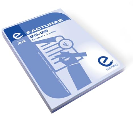ESCRIBO 4 Talonarios de Facturas en Español - con original y 2 copias - 20 juegos cada - DIN A4 Vertical. - Papel blanco de 50g, rosa de 50g, y papel amarillo termico de 55g. (copias)