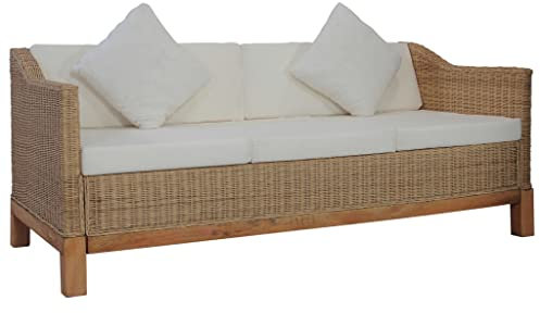 vidaXL Sofa 3-Sitzer mit Polstern Couch Rattansofa Loungesofa Sitzmöbel Wohnzimmersofa Rattanmöbel Designsofa Korbsofa Natur Rattan