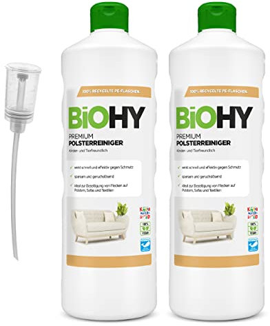 BiOHY Premium Polsterreiniger (2 x 1 liter) + Dosierer | Bio Konzentrat für Polstermöbel, Sofas, Teppiche & Textilien | für Nasssauger & andere Geräte geeignet | geruchslösender Fleckentferner