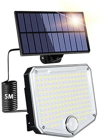 Solar Light Outdoor, 3 Modes Solar Security Light with Motion Sensor 153 LED Solar Powered IP65 Waterproof Outdoor Wall Lights with 16.4Ft Cable for Garden, Yard, Shed, Garage