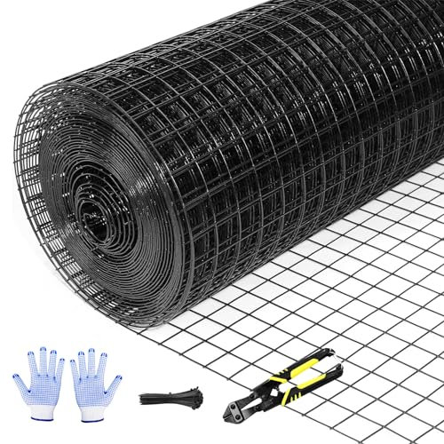 Tongmo 24 x 50' Black Hardware Cloth, 1inch Mesh Chicken Wire Fence, 19 Gauge Vinyl Coated Wire and Welded Wire Roll,Garden Fence, Poultry Netting for Rabbit/Duck/Chicken Coop