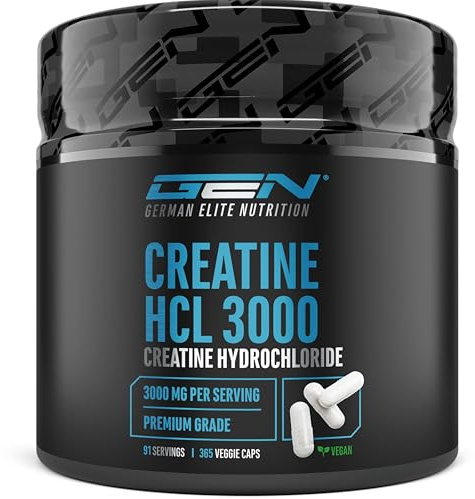 Créatine HCL – 365 Gélules – Hautement Dosé avec 3000 mg de Chlorhydrate de Créatine par Dose Quotidienne – Absorption Maximale & Biodisponibilité – 100% Végane