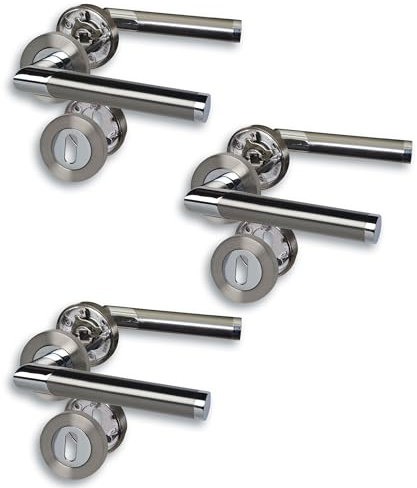 Rosettengarnitur Türbeschlag im 3er Set, Chrom/Edelstahlfärbig satiniert für 3 Zimmertüren mit Buntbartlochung, Schraubrosette Ø52mm, Türklinke, Türgriff
