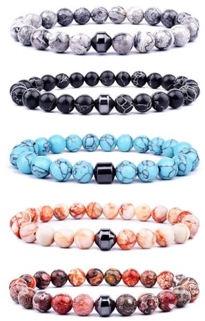 AMOR SPES 5PCS Natural Stone Beads Bracelet Set Turquoise Volcanic Stone Wrap Bracelets Beach Gifts Black White Grey (C)