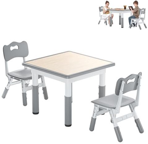 AufuN Mesa Infantil con 2 sillas, Grupo de Mesa Infantil con Altura Ajustable, Mesa y sillas para guardería, Muebles Infantiles de plástico, Grupo de Asientos para niños y niñas, 60 x 60 x 60 cm
