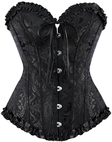 Corset da donna Plus Size Top Boned Overbust Bustier Shapewear Lingerie Floral Lace Up Trim Waist Push Up Clubwear, A-Black, S