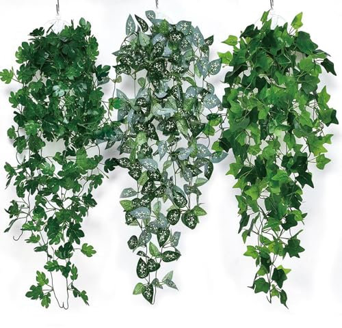 ZXJLWR 3 Stück Fake Plant, 100cm Kunstpflanze Hängend, Hängepflanze Künstlich, Künstliche Pflanzen Indoor, Natürliche Efeu Künstlich, Greenery Dekor Kunstpflanzen Hängend Für Balkon Garten Wohnzimmer