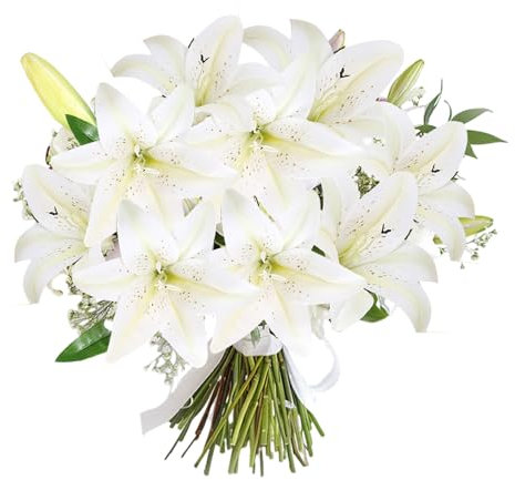 5PCS Artificial Lilies Set Artificial Lily Flower Short Stem Artificial Flowers with 12 Blooming Flower Heads and 5 Buds for Home Wedding Office Party Festival Decoration (White)