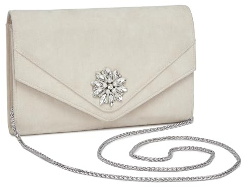 Miss Lulu Pochette Clutch Donna, Pochette Eleganti da Cerimonia, Borse con Diamanti in Pelle Scamosciata, Borsa da Sera Elegante con Catenella per Matrimoni, Feste e Serate, Beige