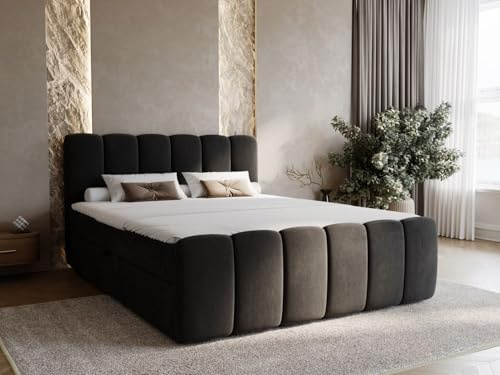 GRAINGOLD Cloud Lit 180x200, Boxspring avec Coffre de Rangement, Rembourré avec Matelas à Ressorts Bonell, Lit Double, Tissu en Velours, avec Surmatelas, avec Tête de Lit (Noir, 180x200)