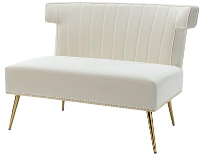 HULALA HOME Samt Polsterung Sofa ohne Armlehnen, modernes zweisitziges Sofa mit goldenen Metallbeinen für Wohnzimmer, kleine Räume in Wohnungen, Weiß