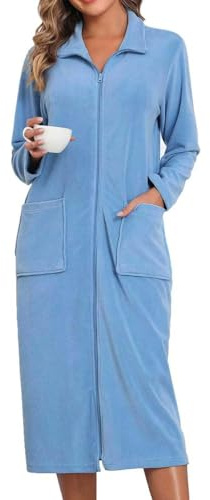 Viakeo Fleece Robes For Women Zipper Nightgown Long Bathrobe Lightweight Housecoat With Pockets S-3XL