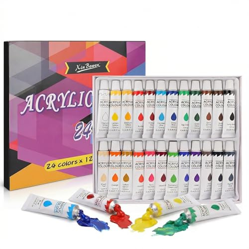 XAQAMY Set Colori Acrilici 24x12ml in Tubetti di Alluminio - Impermeabile & Coprente per Sassi, Tela, Legno e Stampa 3D - Pittura Premium Satinata con Carta Colori