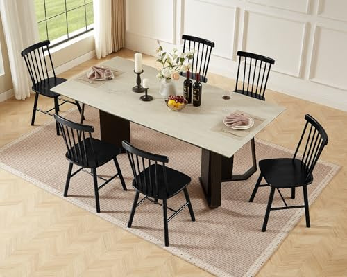 PrimeZone Windsor Dining Chairs Set of 6 - Solid Rubber Wood Farmhouse Kitchen Chair with Spindle Back, Mid-Century Modern Side Dining Chair for Dining Room, Kitchen & Restaurant, Black