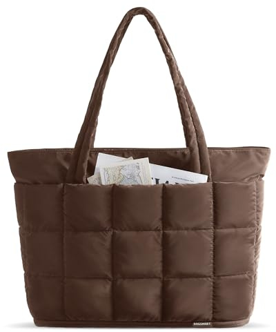 bagsmart Handtasche Damen Erweiterbare, Puffer Reisetasche Wasserdichte Arbeitstasche Kliniktasche Sporttasche, Puffy Tote Bag Handgepäck mit Reißverschluss für Flugzeug Reise Shopping, Kaffeebraun M