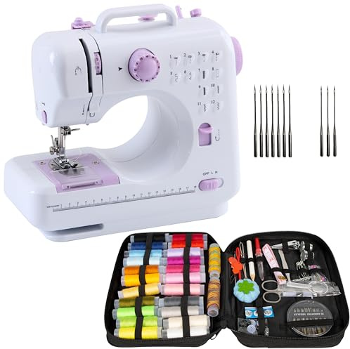 Crafts&Co® Nähmaschine, Nähset & Nadelset Combideal | Mini-Nähmaschine für Anfänger mit 12 Stichen | Universelle Nadeln für Verschiedene Stoffe und Materialien | Weiß-Lila