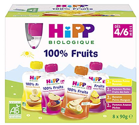 Hipp Biologique 100% Fruits Multipack 4 Vari?t?s d?s 4/6 mois - 8 Gourdes de 90 g