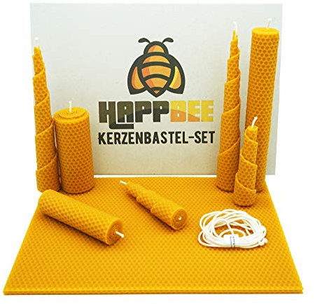 HappBee® Bienenwachs-Kerzen Bastel-Set mit Bienenwachsplatten und Docht für honiggelbe, duftende selbstgemachte Bienenwachskerzen | DIY-Geschenk-Set