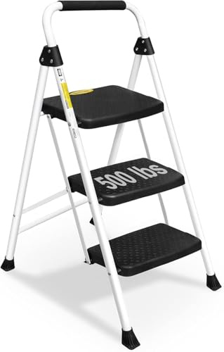 SocTone 3 Step Ladder, Folding Step Stool for Adults with Handle, Lightweight, Perfect for Kitchen& Household, 500lbs Capacity Sturdy Steel Ladder White