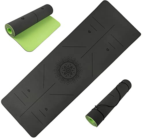 Yoga Mat with Alignment Marks - Lightweight Exercise Mat with Carry Strap for Home Workout or Travel by Wakeman Outdoors (Gray and Green)